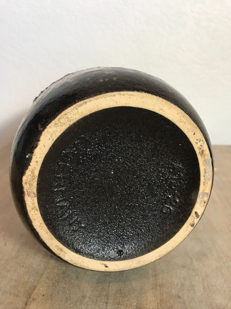 vase applied handle to one side fat lava glaze Retro vessel west German pottery warm earth tones