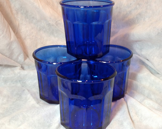 One Set of 4 Cobalt Blue Glass Tumbler Marked, Made in France 500