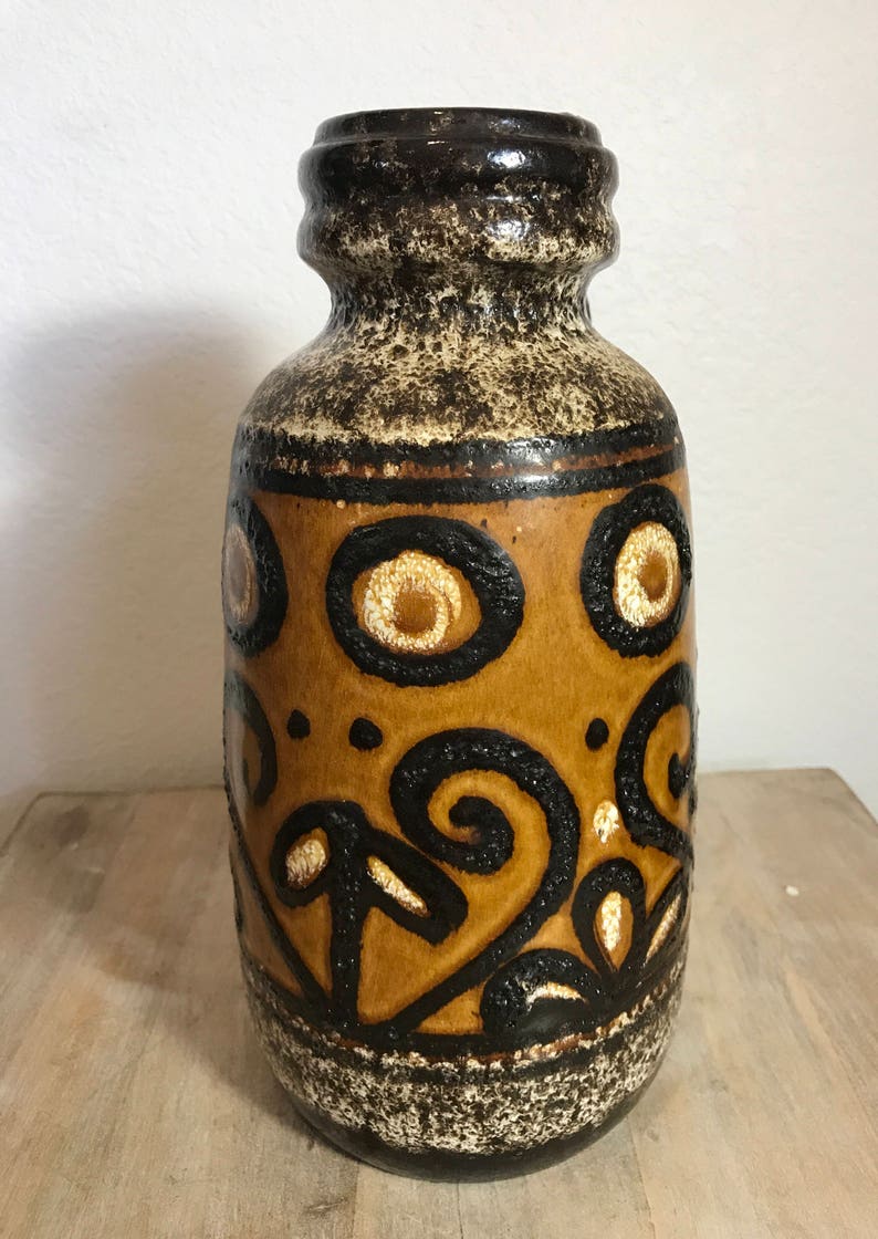 vase applied handle to one side fat lava glaze Retro vessel west German pottery warm earth tones
