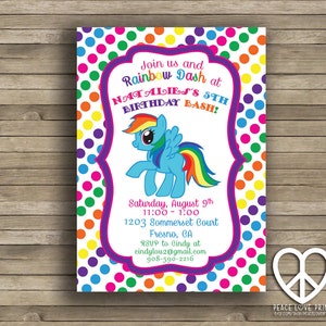May include: A colorful invitation with a rainbow polka dot background. The invitation is for a 5th birthday party for Natalie. The invitation features a cartoon image of Rainbow Dash from My Little Pony. The text on the invitation reads "Join us and Rainbow Dash at Natalie's 5th Birthday Bash!"  The invitation also includes the date, time, address, and RSVP information.