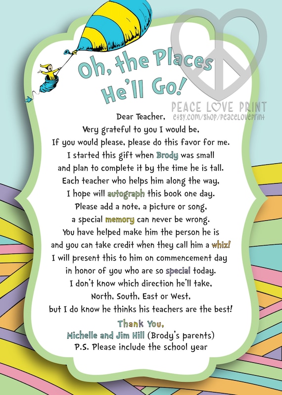 Oh the Places You'll Go Instruction Card for Teachers to Sign Book