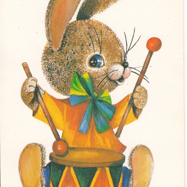 Vintage tarjeta de Pascua Rusa Soviética lindo conejo baterista postal - tarjeta de cumpleaños - - hecha en URSS 1989