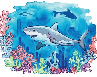 Shark Illustration Sparkly Art Print