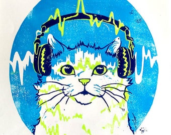 Headphones Music Cat Art Print