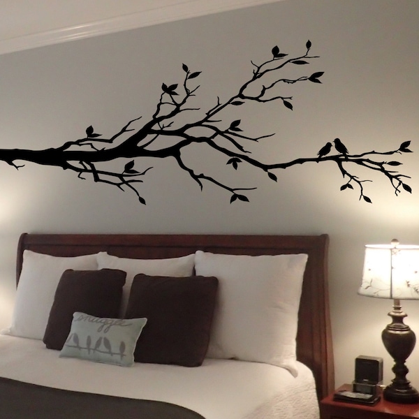 Extra Large Tree Branch Wall Decal Deco Art Sticker Mural with 10 Birds  - Branch Size: 96" x 36"