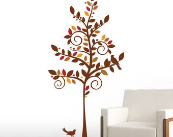 Curly Tree Wall Decal Autumn Fall Tree with Birds -  Home Decals,  Nursery Decals, Bedroom, Baby, Living Room Wall Art Stickers Vinyl Decals