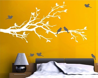 78"x37" Tree Branch in White with 10 Birds in Gray Wall Decal Art Sticker Mural-  FREE SHIPPING!