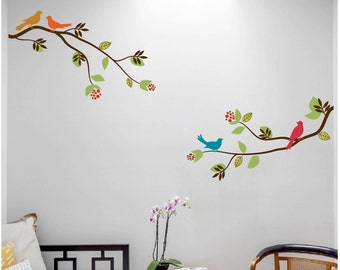 2 Large Tree Branches with Birds - Wall Decal Deco Art Sticker Mural - You can choose the colors for the birds!