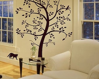 6Ft Tree with Cat and Bird Wall Decal Deco Art Sticker Mural