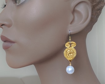 Gold drop earring, pearl drop earring, Dragon jewelry, Irish jewelry, Wicken, Seahorse, Viking, hook ear, dangle earring, statement earring