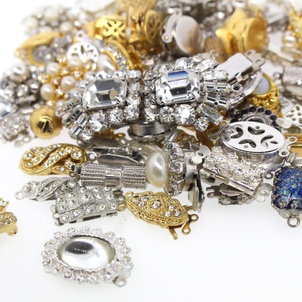 12 Assorted Vintage German Clasps - Rhinestone, Pearl and Metal - For Jewelry - Mixed Lot
