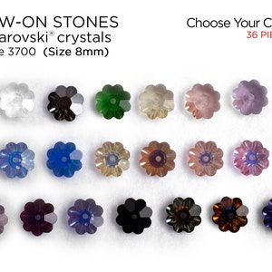 May include: Assortment of 12 colors of sew-on Swarovski crystals in a flower shape. Each crystal is 8mm in size.  Choose Your Color 36 PIECES.