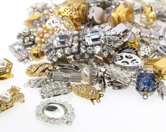 12 Assorted Vintage German Clasps - Rhinestone, Pearl and Metal - For Jewelry - Mixed Lot