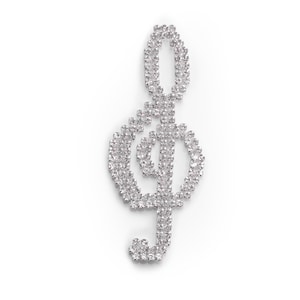 May include: A silver treble clef made of rhinestones. The treble clef is a musical symbol.