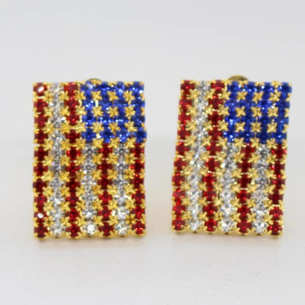 Rhinestone American Flag Clip on Earrings | Patriotic and July 4th Jewelry