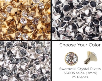May include: A close-up of 25 silver, gold, and black Swarovski crystal rivets. Each rivet is 7mm in size and features a clear crystal with a silver, gold, or black base. Choose your color.
