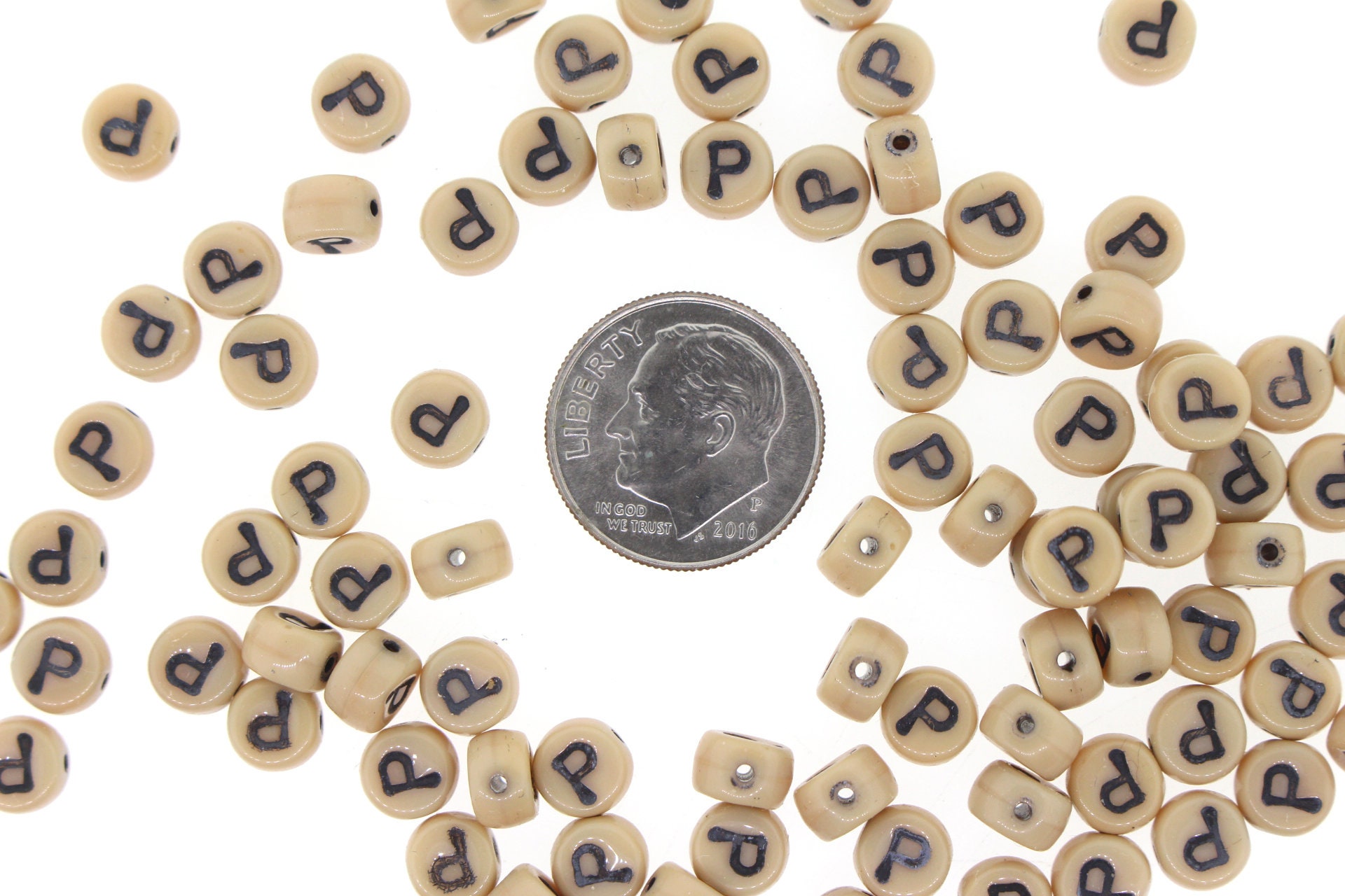100 Piece Letter & Number Beads YOU CHOOSE Tan Beads With Black Lettering  6mm Glass Beads 