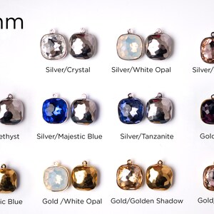 May include: Assortment of 14mm square glass pendants with silver and gold settings.  The pendants are in various colors, including crystal, white opal, vintage rose, amethyst, majestic blue, tanzanite, and golden shadow.