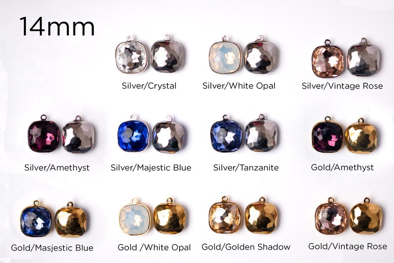 May include: Assortment of 14mm square glass pendants with silver and gold settings.  The pendants are in various colors, including crystal, white opal, vintage rose, amethyst, majestic blue, tanzanite, and golden shadow.
