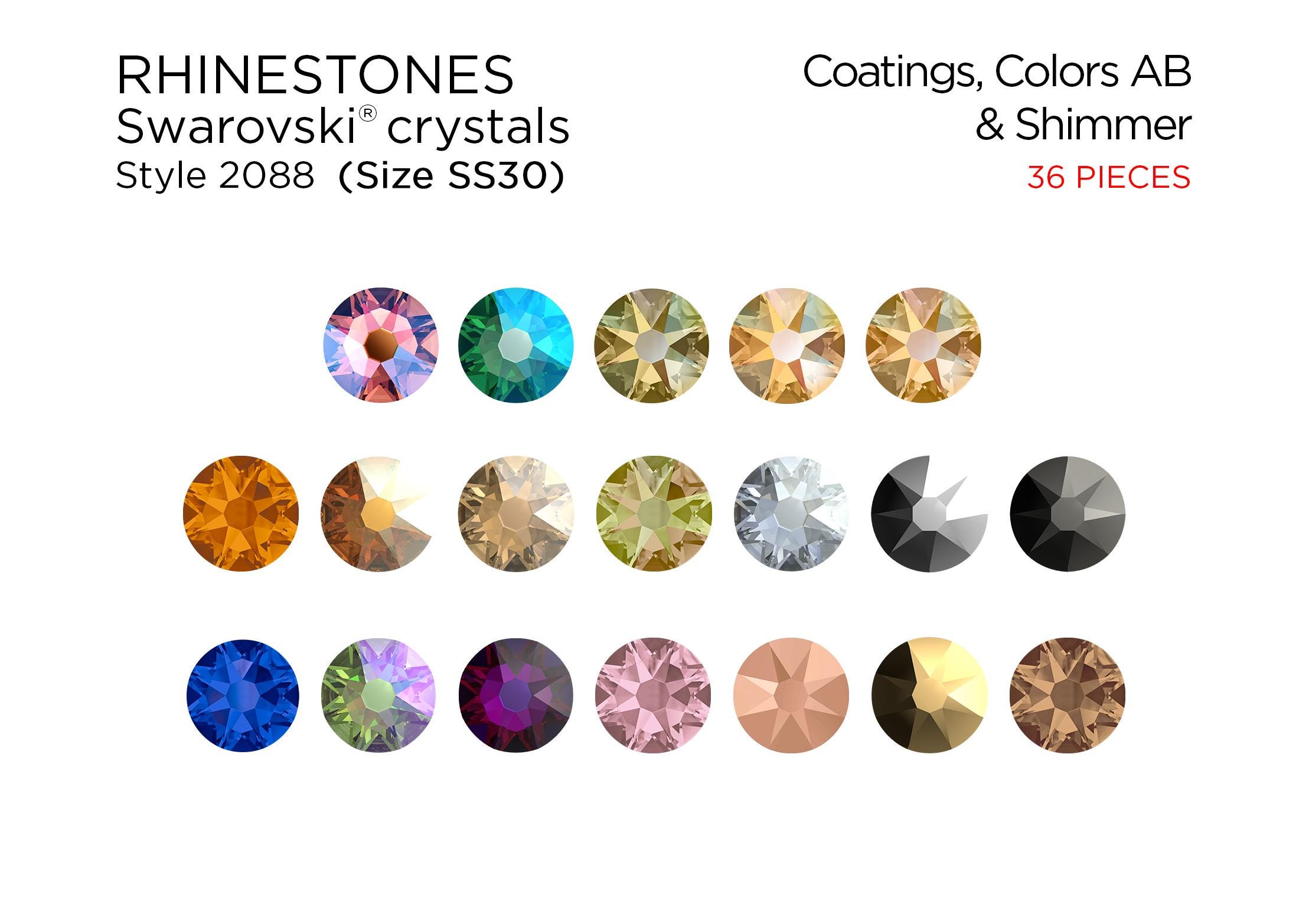 Swarovski Rhinestones 2088 SS30 Coatings AB and Shimmer Colors