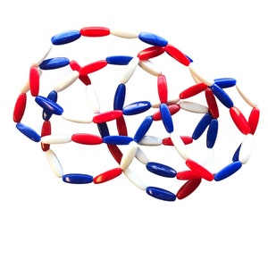 Red White and Blue Plastic Beads VINTAGE (Circa 1970s) 18x6 mm (71 beads stung on temporary stringing) Patriotic Americana Beads