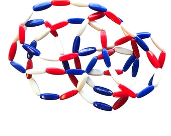 Red White and Blue Plastic Beads VINTAGE (Circa 1970s) 18x6 mm (71 beads stung on temporary stringing) Patriotic Americana Beads