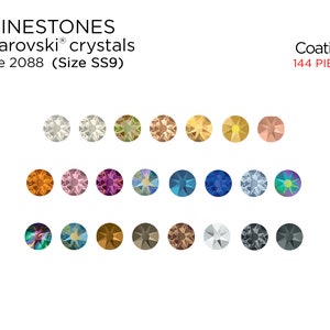 May include: A selection of 144 rhinestones in various colours and finishes, including clear, gold, silver, and iridescent. The rhinestones are labelled as Swarovski crystals, style 2088, size SS9.