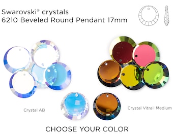 May include: Assortment of Swarovski crystals in various colors, including Crystal AB and Crystal Vitrail Medium. The crystals are 17mm round pendants with beveled edges. The text "Swarovski® crystals 6210 Beveled Round Pendant 17mm" is displayed above the crystals.