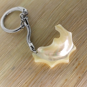 May include: A silver key chain with a white iridescent seashell charm. The seashell is shaped like a crescent moon with a starburst design.