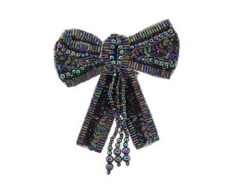 Bow w/ Tassel Beaded & Sequin Applique -Black AB Iris 4"x3.5"