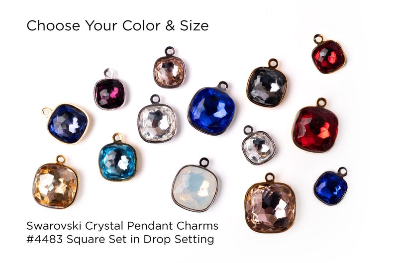 May include: Assortment of square Swarovski crystal pendant charms in various colors, including blue, red, gold, and clear. The charms are set in a drop setting and are labeled "#4483 Square Set in Drop Setting".