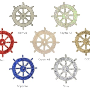 May include: Assortment of ten decorative, sequined, ship wheel patches in various colors, including red, ivory, crystal, cream, gold, sapphire, and silver. Each patch is approximately 2 inches in diameter.