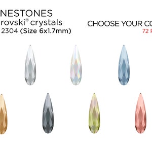 May include: Assortment of 72 Swarovski crystal rhinestones in various colors, including clear, iridescent, light blue, gold, gray, green, and rose gold. The rhinestones are teardrop shaped and measure 6x1.7mm.  Choose your color.