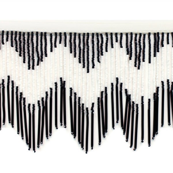 Beaded Fringe - Black and Chalkwhite Zig Zag - 4" (1 Yard)