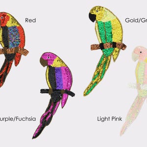Könnte beinhalten: Vier gestickte Papageien-Patches in verschiedenen Farben: Rot, Gold/Grün, Lila/Fuchsia und Hellrosa. Jeder Patch zeigt einen Papagei mit einem detaillierten Design und einem Ast.