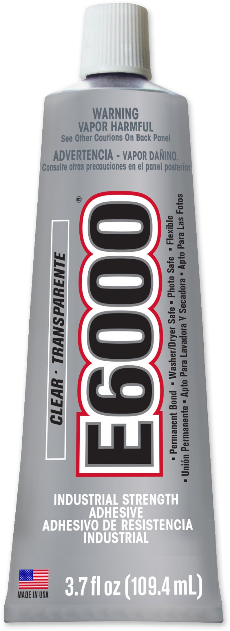 May include: A tube of E6000 industrial strength adhesive. The silver tube has a white cap and features the product name in large black letters with a red outline. The tube contains 3.7 fl oz of clear, transparent adhesive.