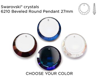 May include: Four Swarovski crystals in different colors: blue, dark blue, iridescent, and clear. Each crystal is a 27mm round pendant with a beveled edge. The crystals are arranged in a circle on a white background. The text "CHOOSE YOUR COLOR" is below the crystals.