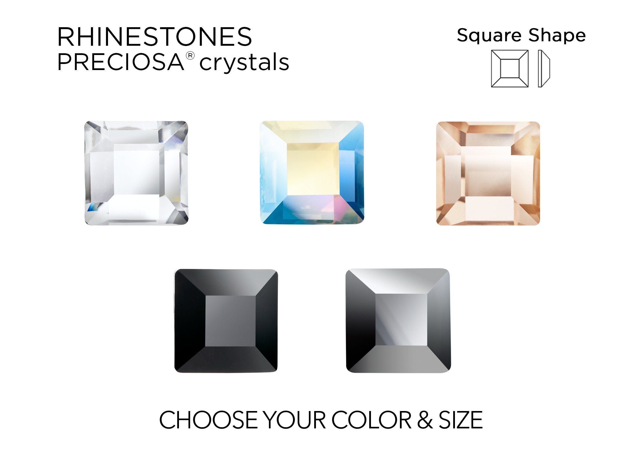 Rhinestones Square Shape PRECIOSA - CHOOSE Size & Color - For Nails, DIY and Textiles
