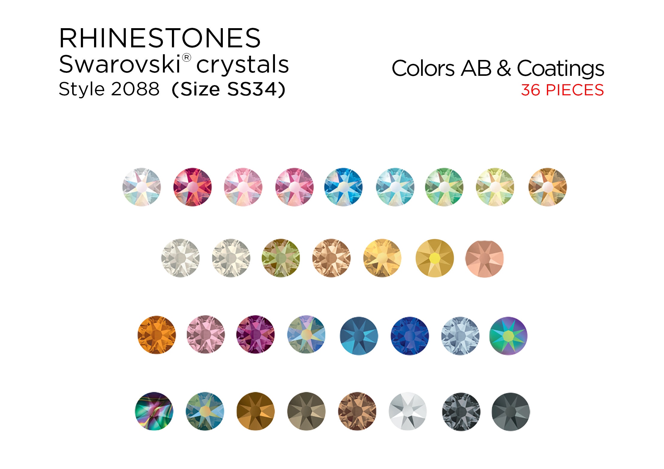 36 Pcs Swarovski Rhinestones 2088 SS34 AB Colors & Coatings