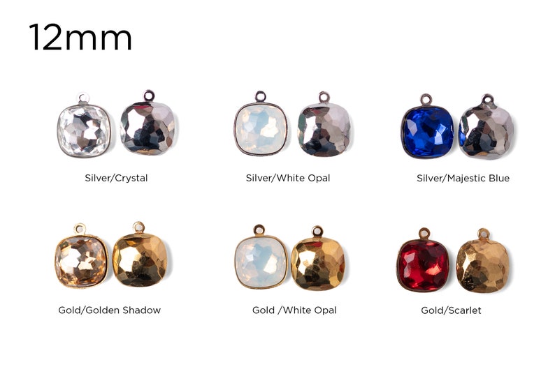 May include: Six pairs of 12mm square crystal charms with silver and gold settings. The charms are in the colors crystal, white opal, majestic blue, golden shadow, white opal, and scarlet.