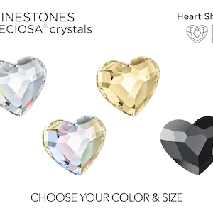 May include: Three heart-shaped rhinestones in crystal, light gold, and black. The rhinestones are from the brand Preciosa. The text "Heart Shape" is above the rhinestones. The text "RHINESTONES PRECISA crystals" is at the top of the image. The text "CHOOSE YOUR COLOR & SIZE" is at the bottom of the image.