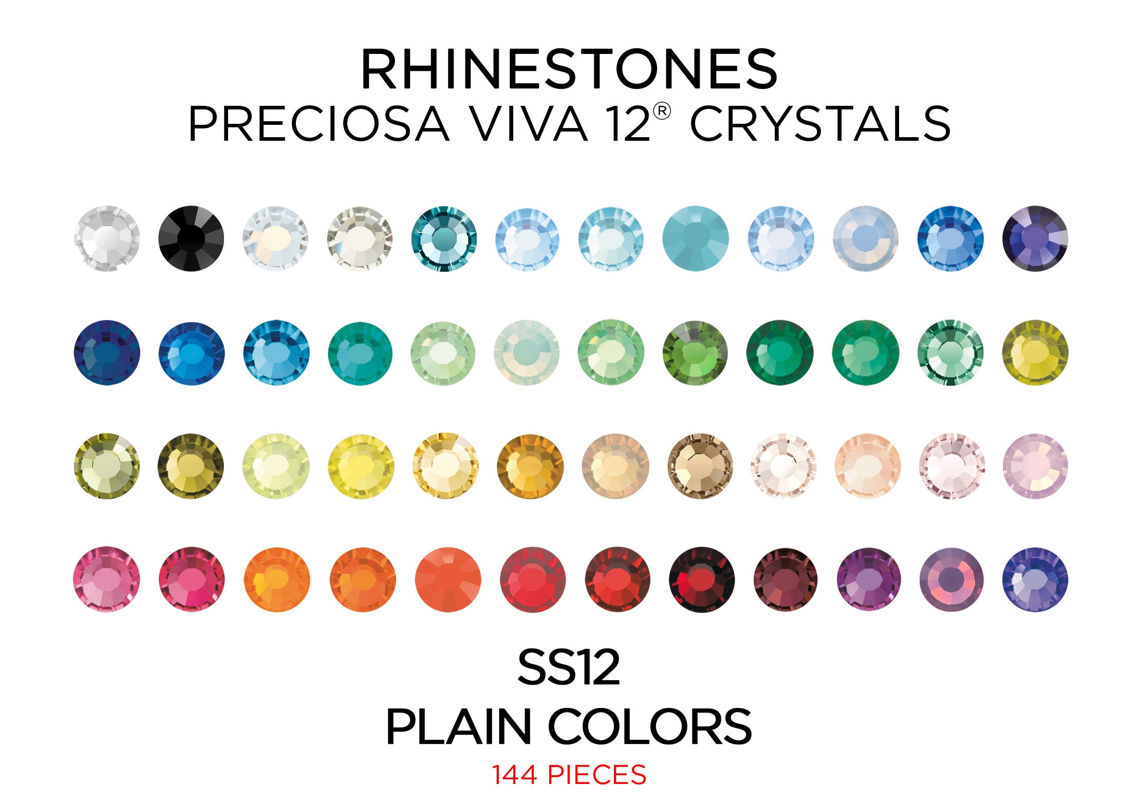 144 Pcs Rhinestones PRECIOSA VIVA12 SS12 Plain Colors