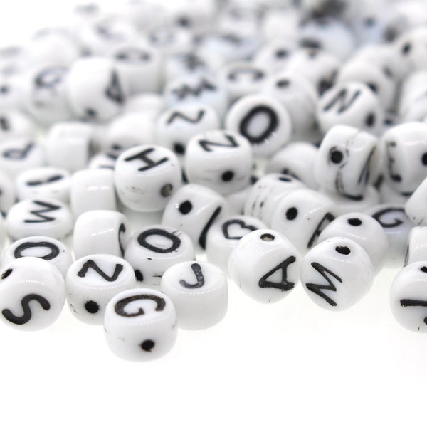 250 Piece Mixed Letter Beads - White Beads with Black Lettering - 6mm - Vintage Glass Beads