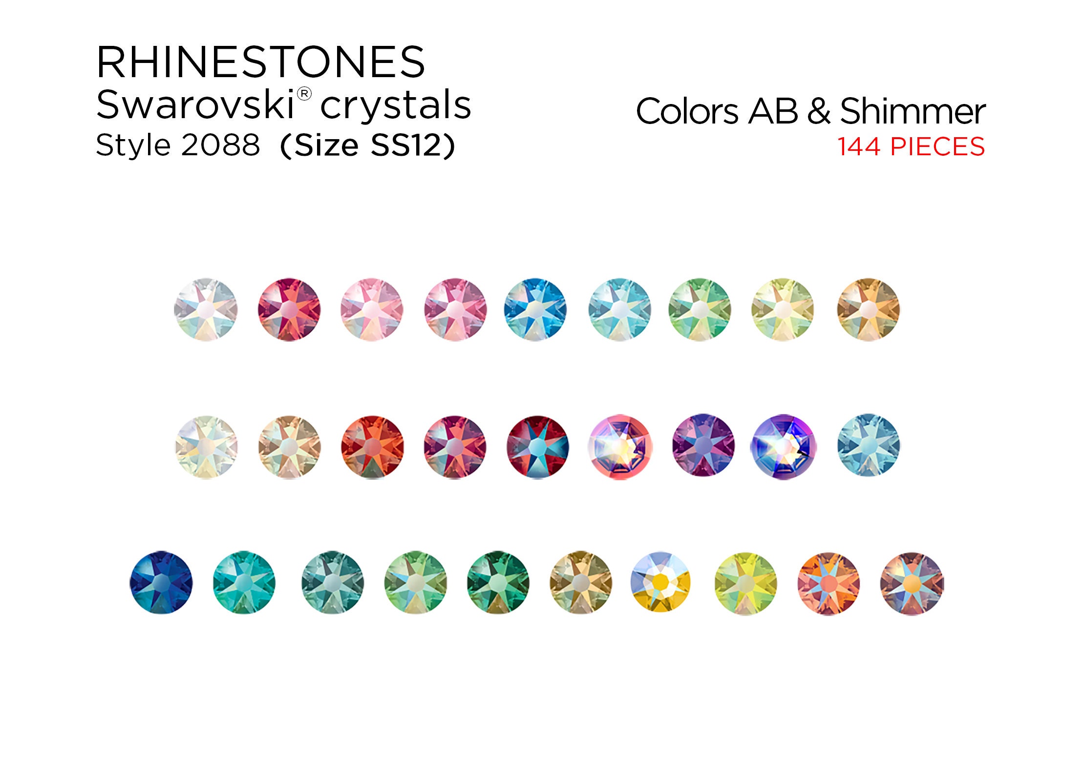 144 Pcs Swarovski Rhinestones 2088 SS12 AB & Shimmer