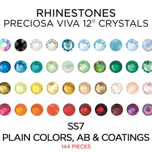 May include: Assortment of 144 round rhinestones in various colors and finishes, including clear, blue, green, yellow, red, and purple. The rhinestones are labeled "PRECiosa VIVA 12® CRYSTALS" and "SS7 PLAIN COLORS, AB & COATINGS".