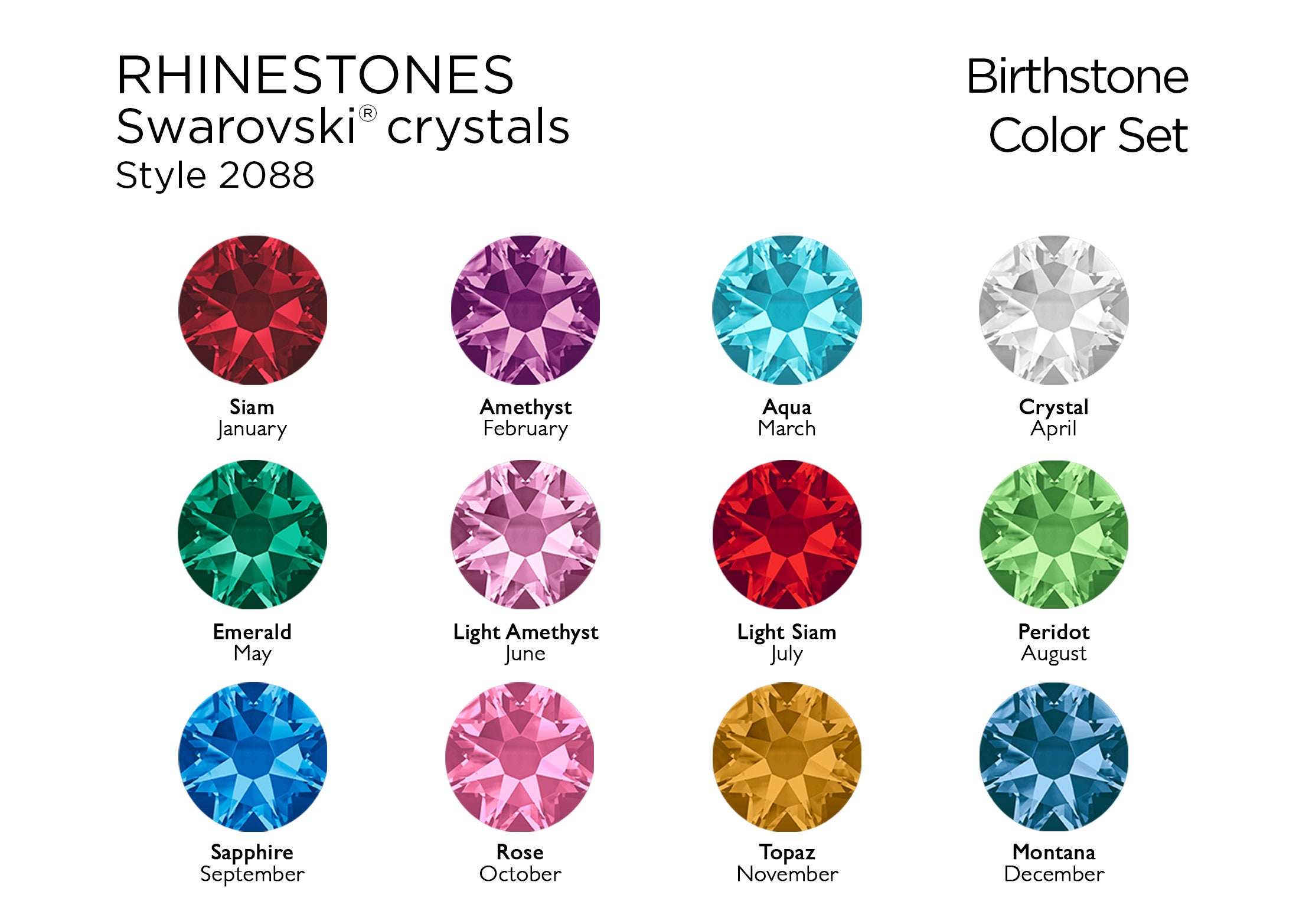 Birthstone Collection: Swarovski Flatback Rhinestones (12 Each Color) -  CHOOSE YOUR SIZE