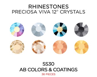 May include: A set of 36 assorted rhinestones in various colors and coatings. The rhinestones are labeled "SS30 AB Colors & Coatings" and "Preciosa Viva 12 Crystals".
