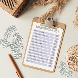 May include: A printable chore chart with a light purple background and black text. The chart is titled "Screenbucks List" and lists various chores with corresponding point values. The chores include "Wake up at 7:30am", "Get dressed without help", "Brush teeth", "Read book for 30 minutes", "Exercise for 30 minutes", "Creative play for 1 hour", "Put laundry away", "Unload & reload dishwasher", "Make bed and clean room", "Clean bathroom - counters/toilet", "Clean bathroom - shower/floors", and "Hoover floor".