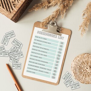 May include: A light blue and white checklist titled "Screenbucks List" with a list of chores and corresponding points. The chores include "Wake up at 7:30am", "Get dressed without help", "Brush teeth", "Read book for 30 minutes", "Exercise for 30 minutes", "Creative play for 1 hour", "Put laundry away", "Unload & reload dishwasher", "Make bed and clean room", "Clean bathroom - counters/toilet", "Clean bathroom - shower/floors", and "Hoover floor".