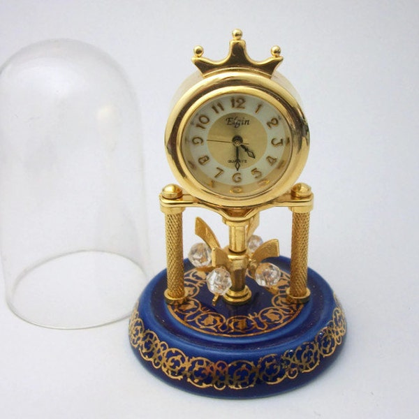 Miniature Elgin Quartz Dome Clock - Tiny Collectible Mini Working Clock - Plastic Dome - Gold Tone and Cobalt Royal Blue